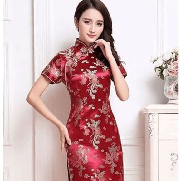 🐉 Mandarin Collar Cheongsam Chinese Dragon Print Side Slits Qipao Dress S NEW - Picture 12 of 16